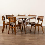 Baxton Studio Linnet Mid-Century Modern Walnut Brown Finished Wood and Rattan 7-Piece Dining Set