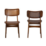 Baxton Studio Tafari Mid-Century Modern Walnut Brown Finished Wood and Rattan 2-Piece Dining Chair Set