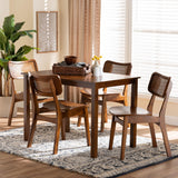 Baxton Studio Estera Mid-Century Modern Walnut Brown Finished Wood and Rattan 5-Piece Dining Set