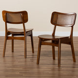 Baxton Studio Tafari Mid-Century Modern Walnut Brown Finished Wood and Rattan 2-Piece Dining Chair Set