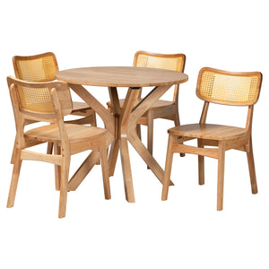 Baxton Studio Camilo Mid-Century Modern Oak Brown Finished Wood and Rattan 5-Piece Dining Set