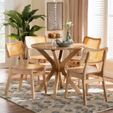 Baxton Studio Camilo Mid-Century Modern Oak Brown Finished Wood and Rattan 5-Piece Dining Set