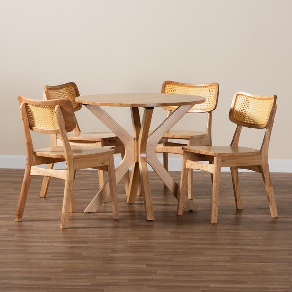 Baxton Studio Baxton Studio Camilo 5-Piece Mid-Century Dining Set with Round Table & Curved Chairs for Cozy Meals RH257C-Natural Rattan-Round-5PC Dining Set