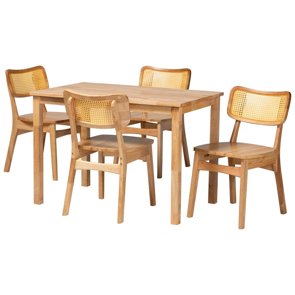 Baxton Studio Baxton Studio Dulcet 5-Piece Mid-Century Dining Set with Oak-Brown Wood & Rattan Chairs for Comfort RH257C-Natural Rattan-Rectangle-5PC Dining Set