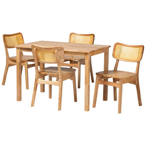 Baxton Studio Baxton Studio Dulcet 5-Piece Mid-Century Dining Set with Oak-Brown Wood & Rattan Chairs for Comfort RH257C-Natural Rattan-Rectangle-5PC Dining Set