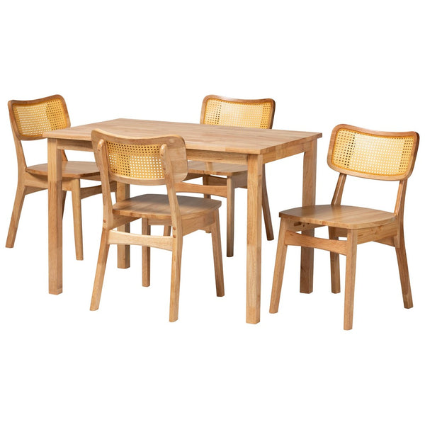 Baxton Studio Baxton Studio Dulcet 5-Piece Mid-Century Dining Set with Oak-Brown Wood & Rattan Chairs for Comfort RH257C-Natural Rattan-Rectangle-5PC Dining Set