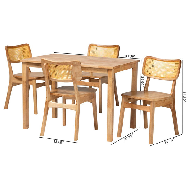 Baxton Studio Baxton Studio Dulcet 5-Piece Mid-Century Dining Set with Oak-Brown Wood & Rattan Chairs for Comfort RH257C-Natural Rattan-Rectangle-5PC Dining Set