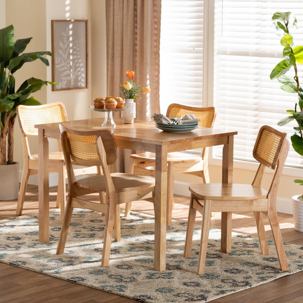 Baxton Studio Baxton Studio Dulcet 5-Piece Mid-Century Dining Set with Oak-Brown Wood & Rattan Chairs for Comfort RH257C-Natural Rattan-Rectangle-5PC Dining Set