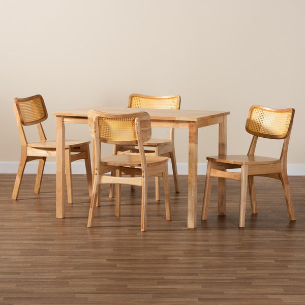 Baxton Studio Baxton Studio Dulcet 5-Piece Mid-Century Dining Set with Oak-Brown Wood & Rattan Chairs for Comfort RH257C-Natural Rattan-Rectangle-5PC Dining Set