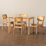 Baxton Studio Dulcet Mid-Century Modern Oak Brown Finished Wood and Rattan 5-Piece Dining Set