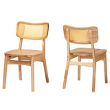 Tadeo Mid-Century Modern Oak Brown Finished Wood and Rattan 2-Piece Dining Chair Set