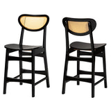 Baxton Studio Hesper Mid-Century Modern Dark Brown Finished Wood and Rattan 2-Piece Counter Stool Set