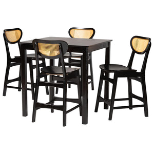 Baxton Studio Hesper Mid-Century Modern Dark Brown Finished Wood and Rattan 5-Piece Pub Set