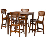 Baxton Studio Hesper Mid-Century Modern Walnut Brown Finished Wood and Rattan 5-Piece Pub Set