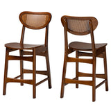 Baxton Studio Hesper Mid-Century Modern Walnut Brown Finished Wood and Rattan 2-Piece Counter Stool Set