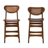 Baxton Studio Hesper Mid-Century Modern Walnut Brown Finished Wood and Rattan 2-Piece Counter Stool Set