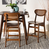 Baxton Studio Hesper Mid-Century Modern Walnut Brown Finished Wood and Rattan 2-Piece Counter Stool Set