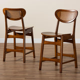 Baxton Studio Hesper Mid-Century Modern Walnut Brown Finished Wood and Rattan 2-Piece Counter Stool Set