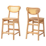 Baxton Studio Nenet Mid-Century Modern Oak Brown Finished Wood and Rattan 2-Piece Counter Stool Set