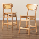 Baxton Studio Nenet Mid-Century Modern Oak Brown Finished Wood and Rattan 2-Piece Counter Stool Set