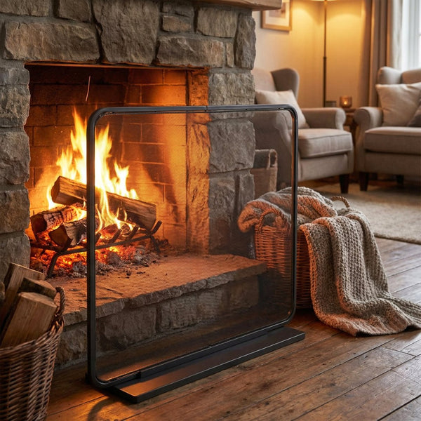 English Elm Tahlia Single Panel Iron Fireplace Screen Fine Mesh Spark Guard Modern Hearth Decor Black N775P386922B
