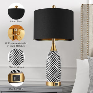 English Elm 25.5" Ceramic Striped Bedside Lamp Set with Touch Dimmer Usb Charging Ports Warm Glow W3355P440679
