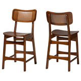 Baxton Studio Tafari Mid-Century Modern Walnut Brown Finished Wood and Rattan 2-Piece Counter Stool Set