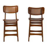 Baxton Studio Tafari Mid-Century Modern Walnut Brown Finished Wood and Rattan 2-Piece Counter Stool Set