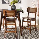 Baxton Studio Tafari Mid-Century Modern Walnut Brown Finished Wood and Rattan 2-Piece Counter Stool Set