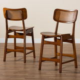 Baxton Studio Tafari Mid-Century Modern Walnut Brown Finished Wood and Rattan 2-Piece Counter Stool Set