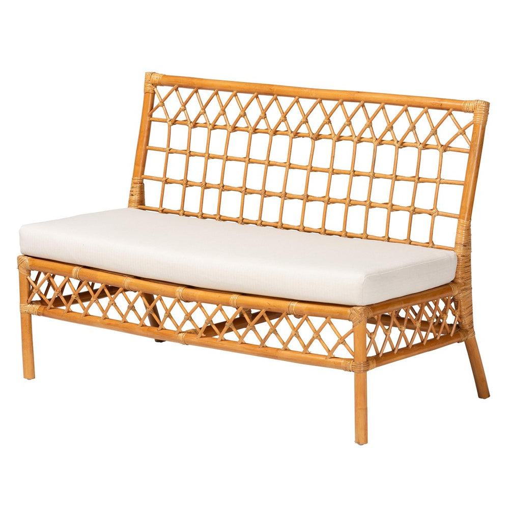 Baxton Studio bali Bali Capella Modern Bohemian Rattan Dining Bench with Removable Cushion for Stylish Comfort DCWH10016-Light Honey Rattan-Dining Bench