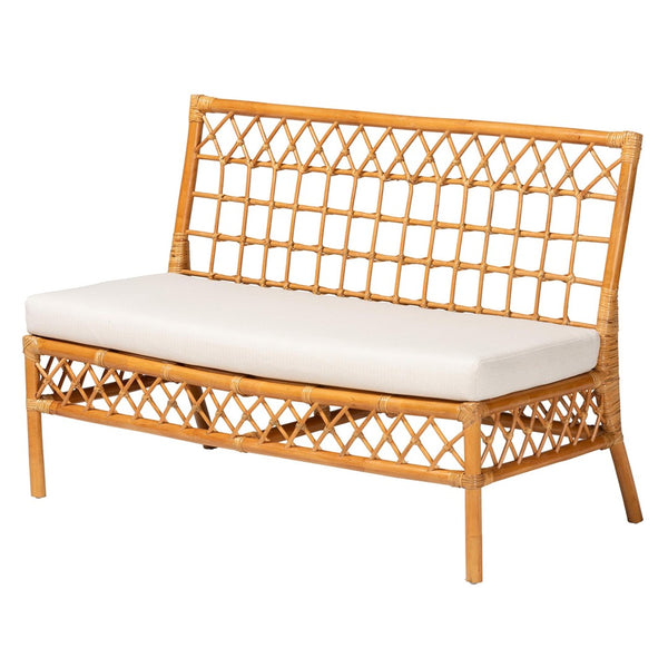 Baxton Studio bali Bali Capella Modern Bohemian Rattan Dining Bench with Removable Cushion for Stylish Comfort DCWH10016-Light Honey Rattan-Dining Bench