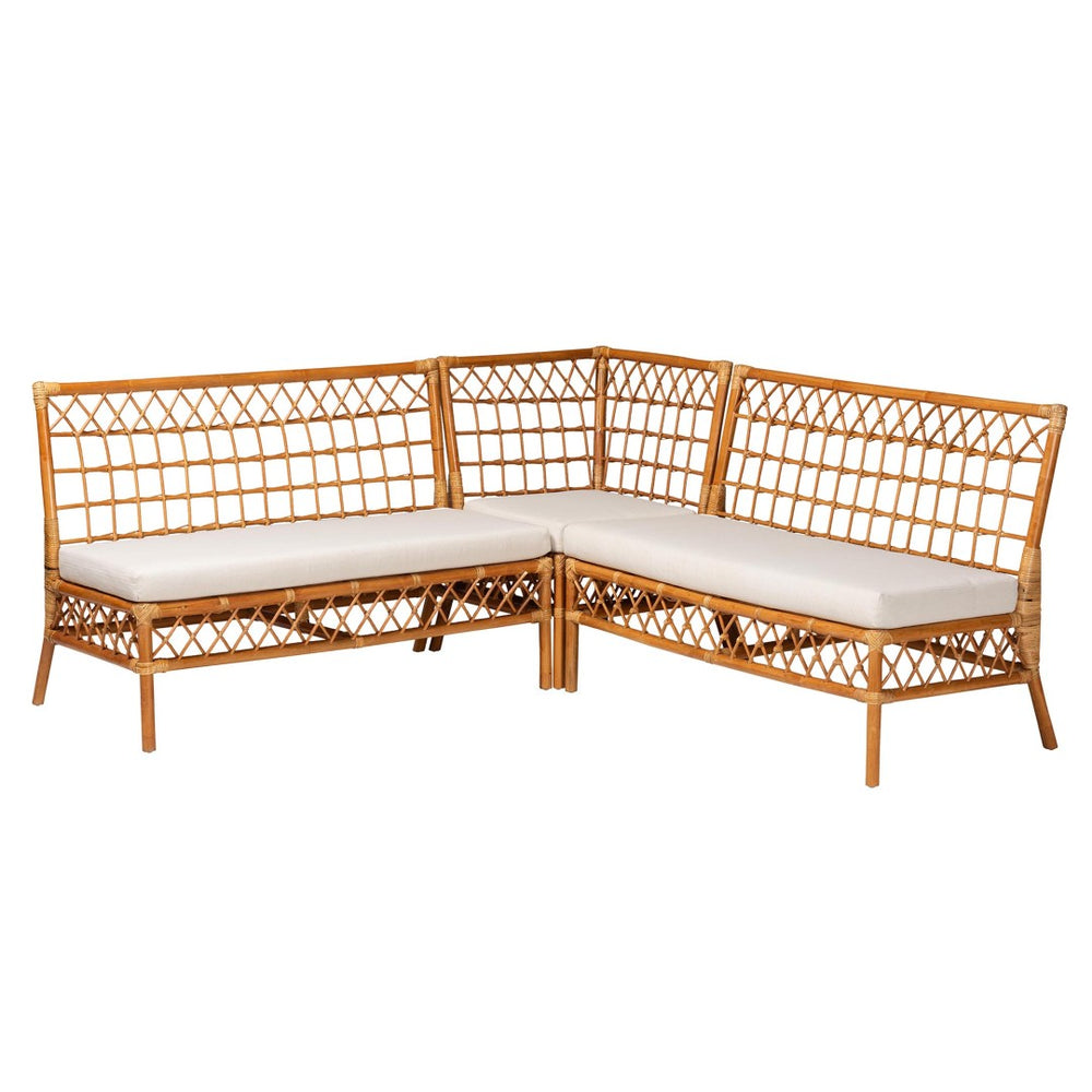 Baxton Studio bali Bali Capella Modern Bohemian Rattan 3-Piece Dining Nook Set with Cushions for Cozy Gatherings DCWH10016-Light Honey Rattan-L-Shape Seating