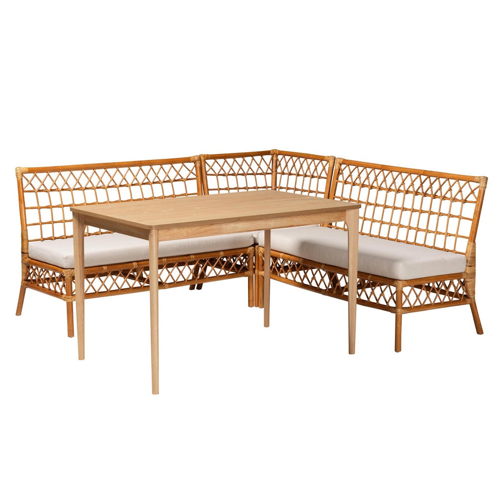 Baxton Studio bali Bali Adora 4-Piece Modern Bohemian Dining Nook Set - Honey Rattan with Plush Cushions & Modular Design Adora-4PC Dining Nook Set