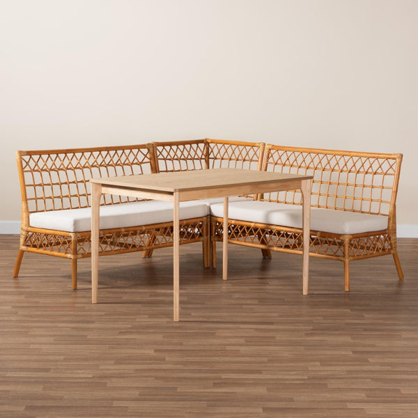 Baxton Studio bali Bali Adora 4-Piece Modern Bohemian Dining Nook Set - Honey Rattan with Plush Cushions & Modular Design Adora-4PC Dining Nook Set