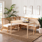 bali & pari Adora Modern Bohemian Honey Rattan 4-Piece Dining Nook Set