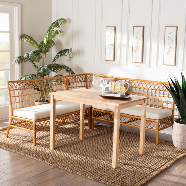 Baxton Studio bali Aina Modern Bohemian 4-Piece Dining Nook Set with Rattan Frames & Plush Cushions for Comfort Aina-4PC Dining Nook Set