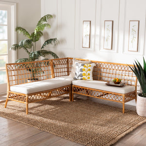 Baxton Studio bali Bali Capella Modern Bohemian Rattan 3-Piece Dining Nook Set with Cushions for Cozy Gatherings DCWH10016-Light Honey Rattan-L-Shape Seating