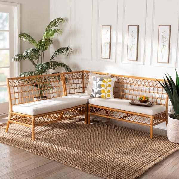 Baxton Studio bali Bali Capella Modern Bohemian Rattan 3-Piece Dining Nook Set with Cushions for Cozy Gatherings DCWH10016-Light Honey Rattan-L-Shape Seating