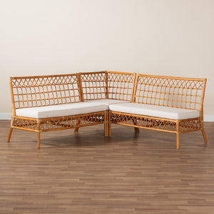 Baxton Studio bali Bali Capella Modern Bohemian Rattan 3-Piece Dining Nook Set with Cushions for Cozy Gatherings DCWH10016-Light Honey Rattan-L-Shape Seating