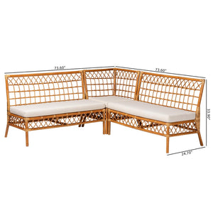 Baxton Studio bali Bali Capella Modern Bohemian Rattan 3-Piece Dining Nook Set with Cushions for Cozy Gatherings DCWH10016-Light Honey Rattan-L-Shape Seating