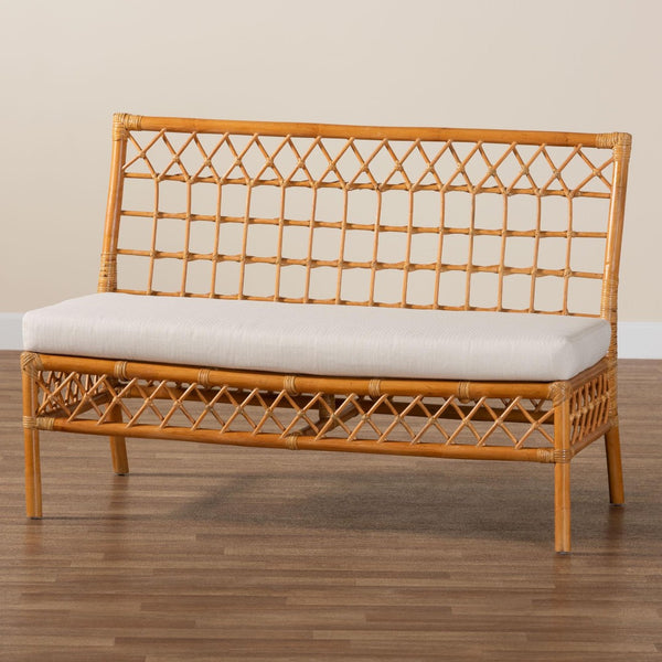 Baxton Studio bali Bali Capella Modern Bohemian Rattan Dining Bench with Removable Cushion for Stylish Comfort DCWH10016-Light Honey Rattan-Dining Bench