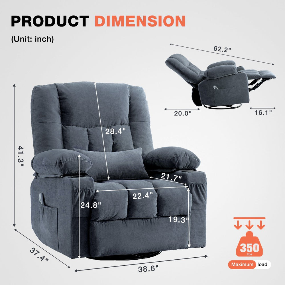 English Elm Massage Swivel Rocker Recliner with Heat Lumbar Relief and Usb Port for Living Room Blue W1521P478306