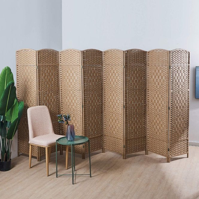 English Elm 8 Panel Room Divider with Hand-Woven Fiber Straps, Solid Wood Folding Screen for Privacy & Style Natural Wood W3198P299051