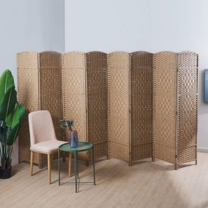 English Elm 8 Panel Room Divider with Hand-Woven Fiber Straps, Solid Wood Folding Screen for Privacy & Style Natural Wood W3198P299051