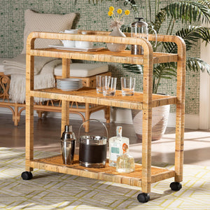 Baxton Studio bali Delphine Modern Bohemian Rattan Kitchen Cart - Handcrafted Mahogany Frame with Mobility & Style DCWH10013-Maia-Natural Rattan-Cart