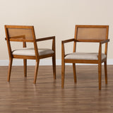 Baxton Studio Emilia Modern Japandi Beige Fabric and Walnut Brown Finished Wood 2-Piece Arm Chair Set with Woven Rattan