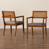 Baxton Studio Emilia Modern Japandi Grey Fabric and Walnut Brown Finished Wood 2-Piece Arm Chair Set with Woven Rattan
