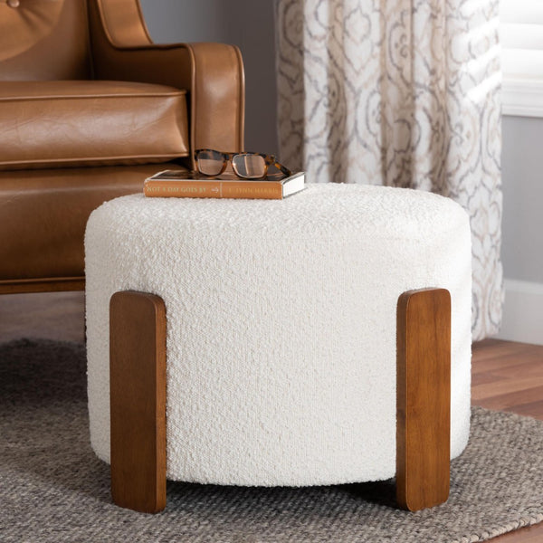 Baxton Studio Baxton Studio Finlay Modern Japandi Cream Boucle Ottoman with Walnut Wood Legs - Versatile & Stylish BBT5487-Walnut/Maya Cream-Stool