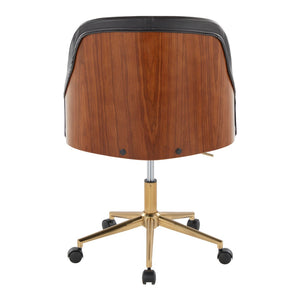 English Elm Office Swivel Chair with Gold Base Walnut Accents and Black Faux Leather Seat B202P474166